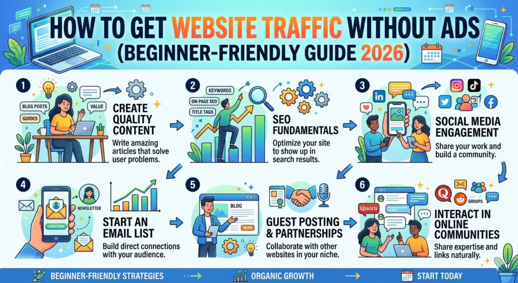 How to Get Website Traffic Without Ads (Beginner-Friendly Guide 2026)